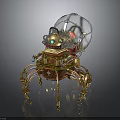 Ornate Steampunk Mechanical Spider Equipment With Metallic Legs Transparent Dome And Green Gemstone