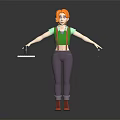 3D Character With Orange Hair Green Overalls Holding Tray And Small Object