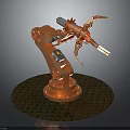 Copper Colored Industrial Robot Arm With Mechanical Gripper And Grid Platform Base