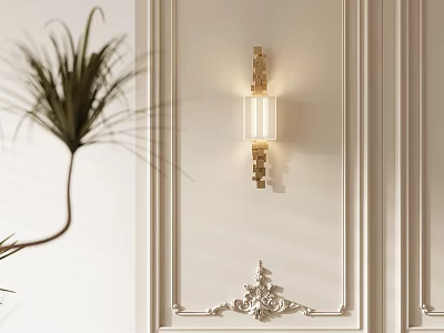 Elegant Wall Lamp With Glass Shade On White Wall With Decorative Moldings And Potted Plant 3d model