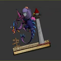 Ancient Open Book Scene Featuring Character And Purple Creature Near Red Roof Tower