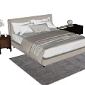 Modern Double Bed Bedroom Interior With Beige Bedspread Pillows Nightstands And Area Rug
