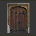 Classic Wooden Double Door With Arched Design And Black Metal Decorations