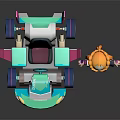 Cartoon Character With Blonde Hair By Turquoise Go Kart With Pink Spoiler And Purple Wheels