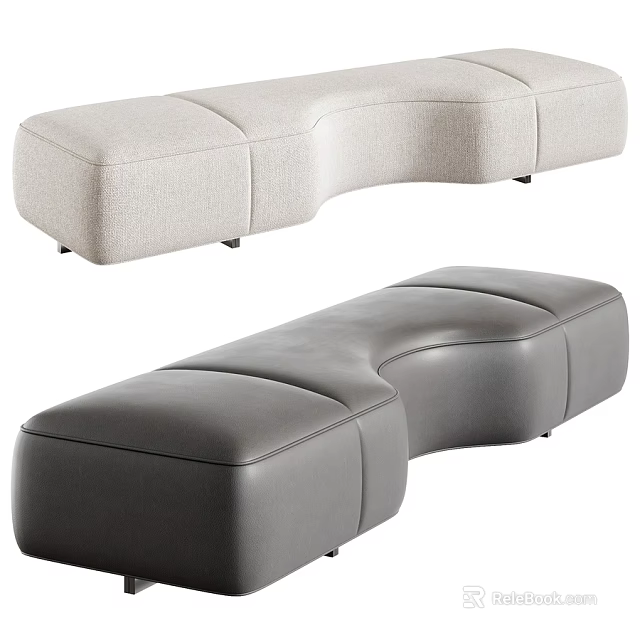 Light Beige Fabric And Dark Gray Leather Curved Modular Stools For Home Decor 3d model 