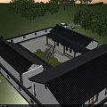 Chinese Style Detached Villa With Courtyard Black Roof And Surrounding Green Trees
