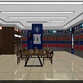 Modern Store Interior With Shelves Displayed Products Central Table and Chairs
