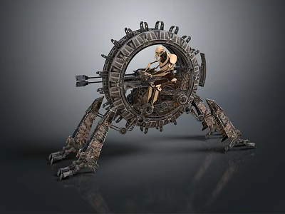 Skeleton Figure Seated In Mechanical Gear Structure With Circular Frame And Mechanical Legs 3d model