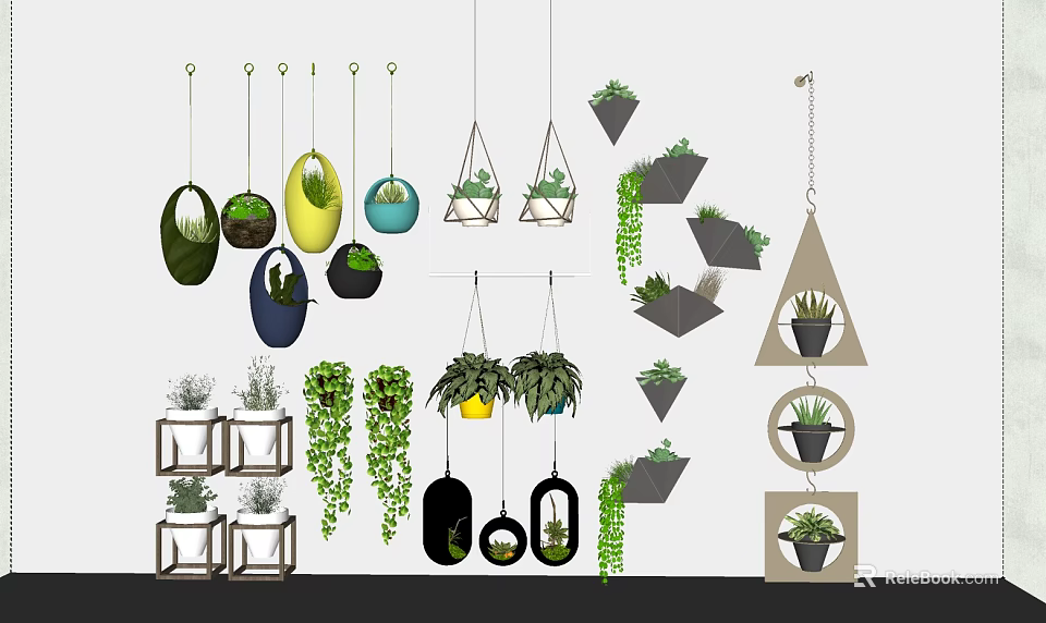 Hanging Bonsai Potted Plants With Various Shaped Planters And Trailing Vines 3d model 