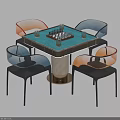 Modern Entertainment Table With Blue Top Chessboard Glass Cups And Transparent Orange Blue Chairs