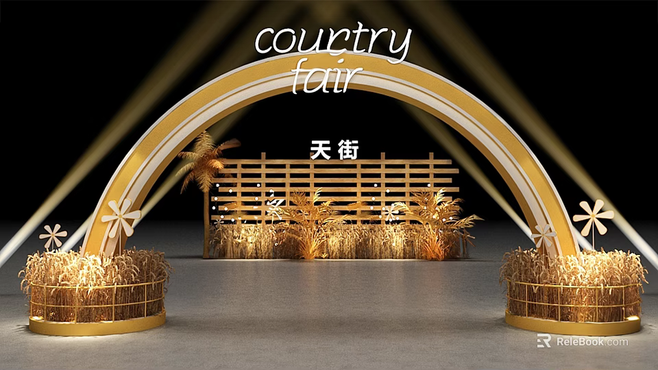 Country Fair Entrance With Golden Arch Bamboo Fence And Straw Decorations 3d model 