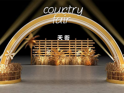 Country Fair Entrance With Golden Arch Bamboo Fence And Straw Decorations 3d model