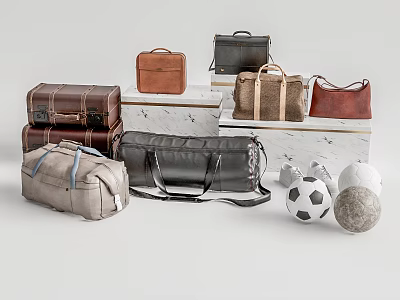 Assorted Stylish Luggage and Bags Collection With Leather Suitcases Canvas Duffel And Sports Balls 3d model