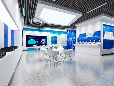 Modern Tech Exhibition Hall Interior With Blue White Displays Screens And Tables 3d model
