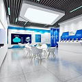 Modern Tech Exhibition Hall Interior With Blue White Displays Screens And Tables