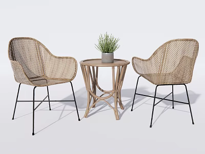 Wooden Outdoor Table With Wicker Chairs And Green Plant On Top 3d model