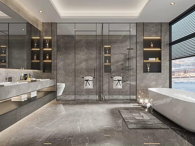 Elegant Modern Bathroom Interior With Marble Floors Glass Shower Double Vanity And Freestanding Bathtub 3d model