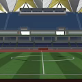 Modern Sports Stadium With Green Football Pitch Running Track And Blue Seats