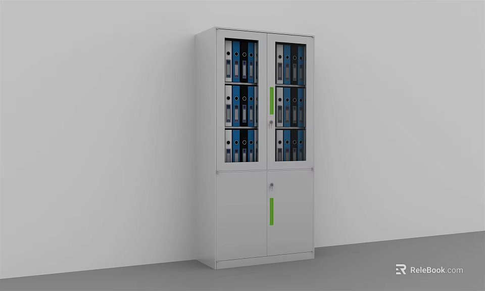 White Bookcase With Glass Doors Blue Folders And Lower Cabinets Green Handles 3d model 