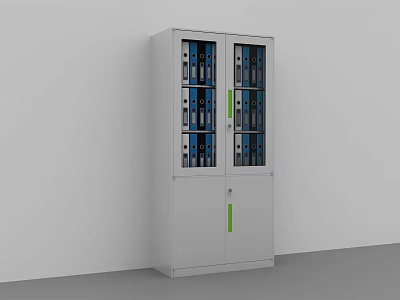 White Bookcase With Glass Doors Blue Folders And Lower Cabinets Green Handles 3d model