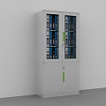 White Bookcase With Glass Doors Blue Folders And Lower Cabinets Green Handles