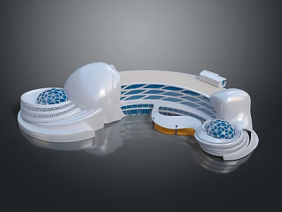 Futuristic Architectural Design Featuring White Curved Shapes Blue Decorative Elements And Circular Layout 3d model