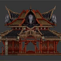 Cartoon Scene Chinese Style Red Building with Multi Layered Roof Animal Head Decorations Wooden Structure