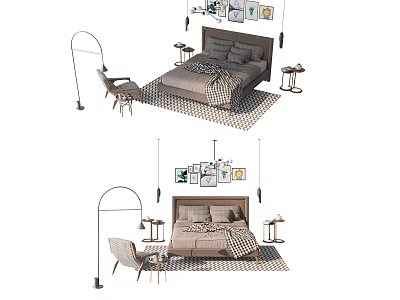 Cozy Modern Bedroom Interior With Double Bed Nightstand Chair Floor Lamp And Decorative Rug 3d model