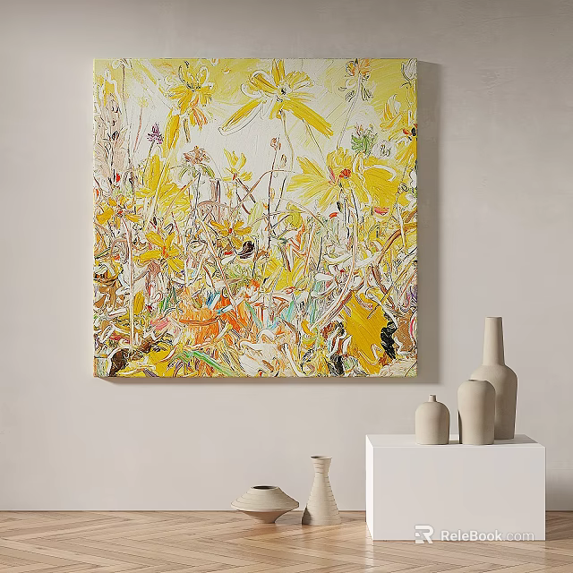 Abstract Wall Art Painting With Vibrant Yellow Floral Motifs And White Ceramic Vases 3d model 