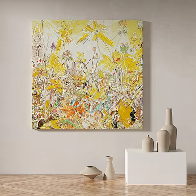Abstract Wall Art Painting With Vibrant Yellow Floral Motifs And White Ceramic Vases 3d model