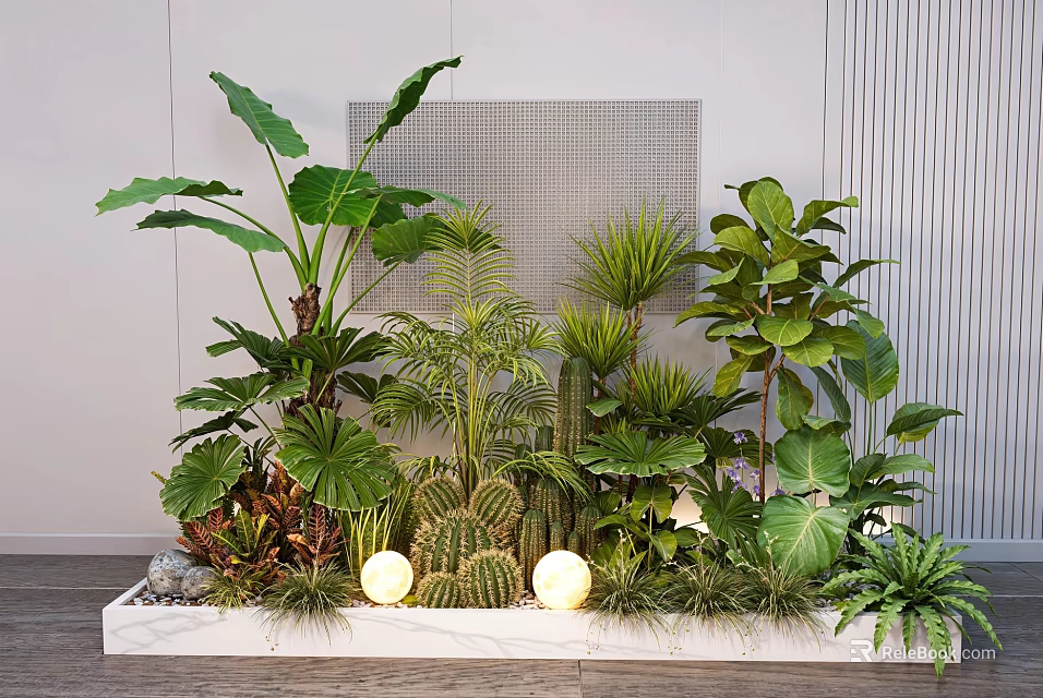 Courtyard Garden Design With Tropical Plants Large Leaves Cactus Globe Lights And Marble Platform 3d model 