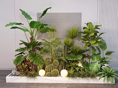 Courtyard Garden Design With Tropical Plants Large Leaves Cactus Globe Lights And Marble Platform 3d model