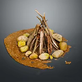 Natural Stacked Arbor Branches Forming Campfire Surrounded by Stones on Earthy Ground
