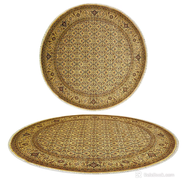 Round Carpet with Intricate Traditional Pattern and Beige Golden Tones for Home Living Room Decor 3d model 