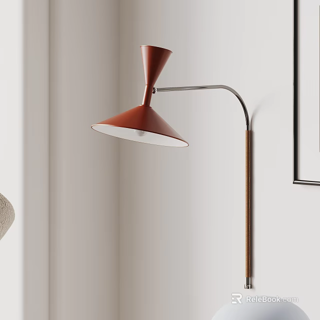 Modern Brown Wall Lamp With Curved Metal Arm And White Shade On Wall 3d model 