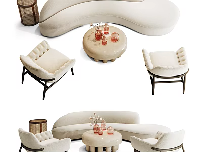 Modern Sofa And Coffee Table Set With Accent Chairs Decorative Items And Soft Fabric 3d model