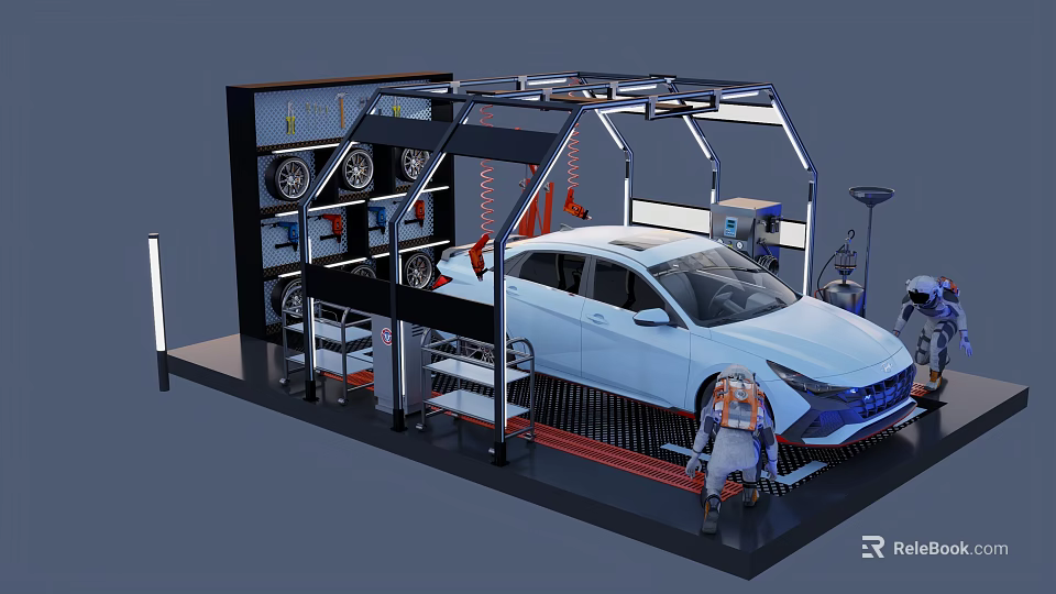 White Car In Auto Repair Garage With Mechanic And Service Equipment 3d model 