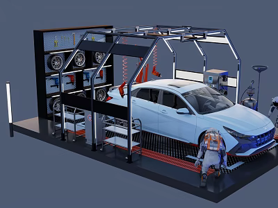 White Car In Auto Repair Garage With Mechanic And Service Equipment 3d model