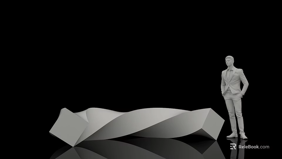 Modern Public Chair Abstract Twisted Design With Standing Man In Suit On Reflective Black Surface 3d model 