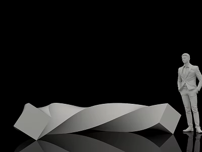 Modern Public Chair Abstract Twisted Design With Standing Man In Suit On Reflective Black Surface 3d model