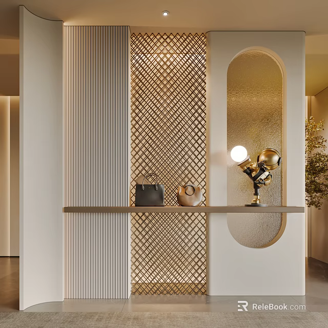 Modern Entryway Interior Design With Geometric Wall Pattern Console Table And Decorative Lamp 3d model