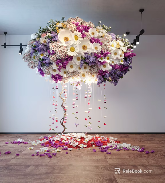 Hanging Garden Floral Installation With Colorful Flowers Scattered Petals And Lighting 3d model 