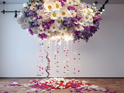 Hanging Garden Floral Installation With Colorful Flowers Scattered Petals And Lighting 3d model