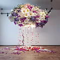 Hanging Garden Floral Installation With Colorful Flowers Scattered Petals And Lighting