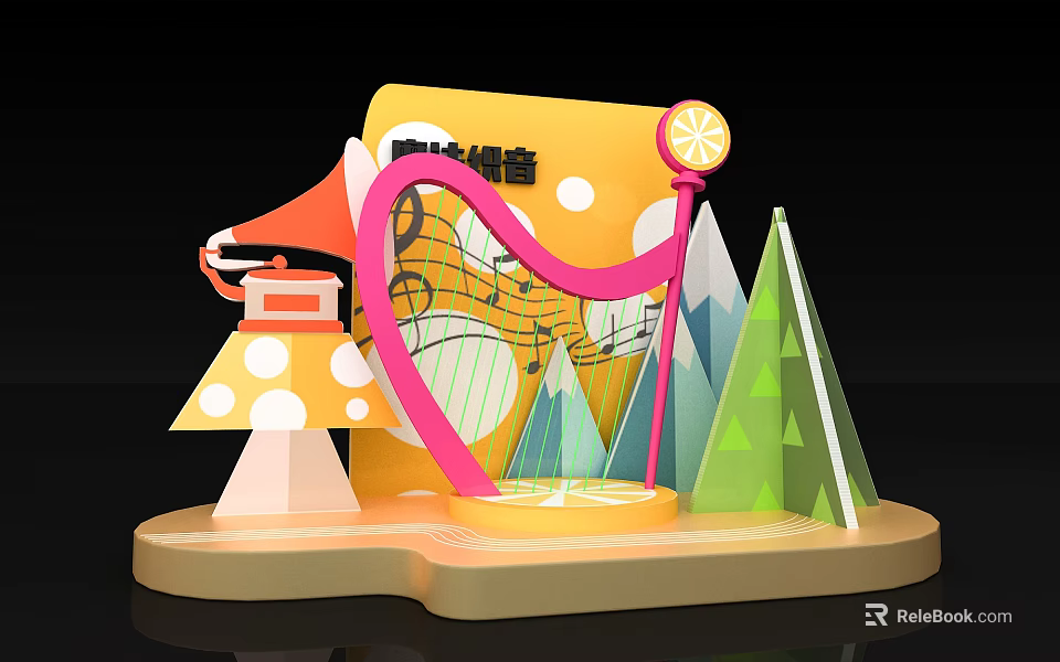 Eye Catching Promotion Scene With Music Notes Horn Trees Mountain And Decor Elements 3d model 