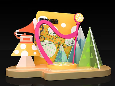 Eye Catching Promotion Scene With Music Notes Horn Trees Mountain And Decor Elements 3d model