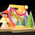 Eye Catching Promotion Scene With Music Notes Horn Trees Mountain And Decor Elements 3d model
