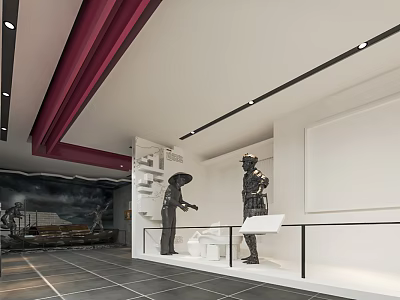 Modern Exhibition Hall With Display Cabinets Statues Background Wall And Tile Floor 3d model