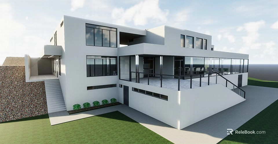 Modern White Detached Villa With Large Windows Terrace And Green Lawn 3d model 