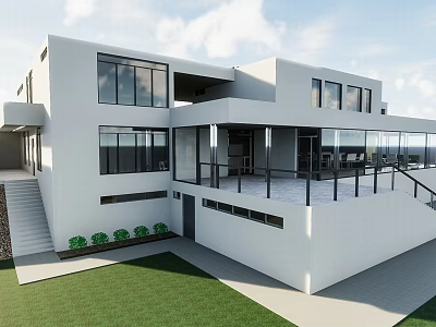 Modern White Detached Villa With Large Windows Terrace And Green Lawn 3d model